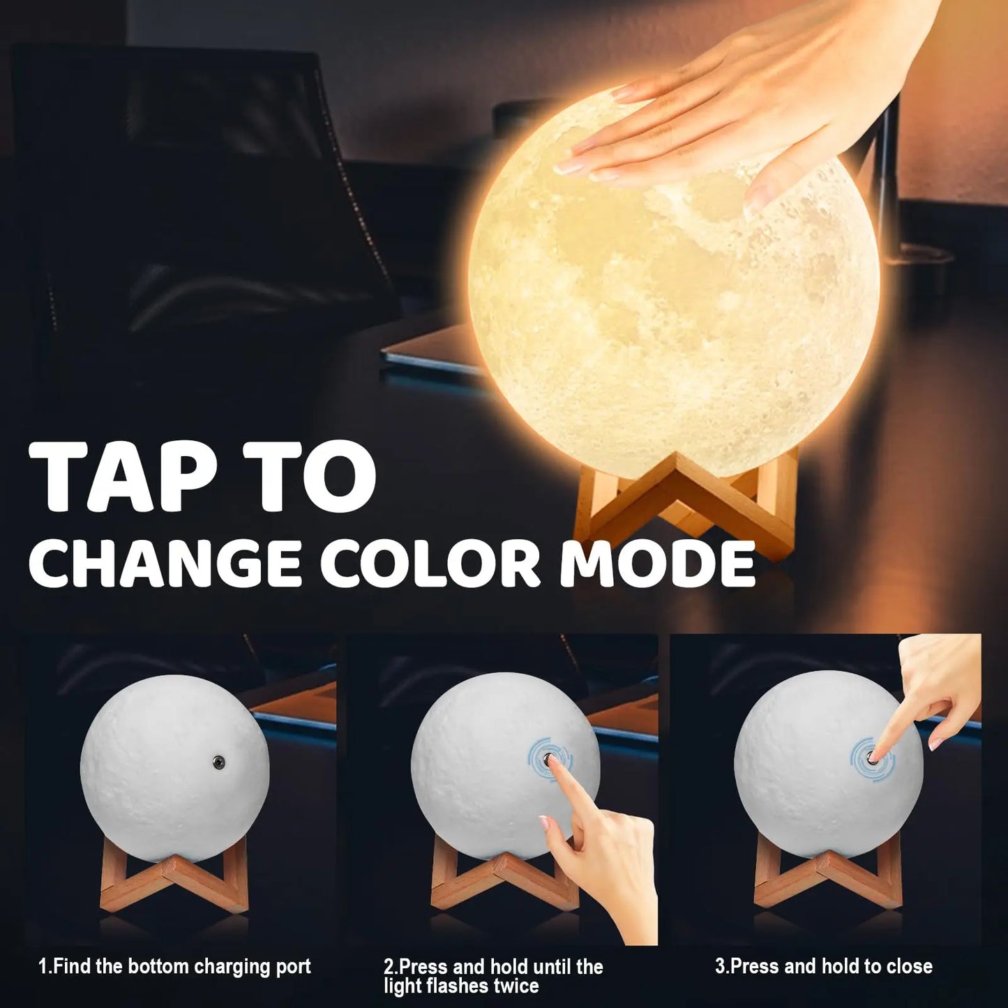 Lampe lune 3D 16 Couleur Avec support en bois/Distant/Contrôle tactile